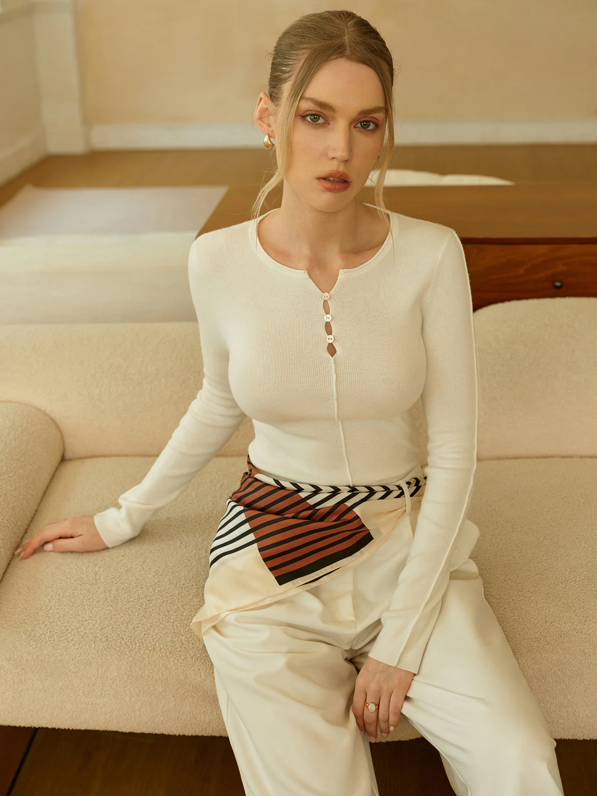 Wool Blend Button-Detailed Neck Sweater - Image 3