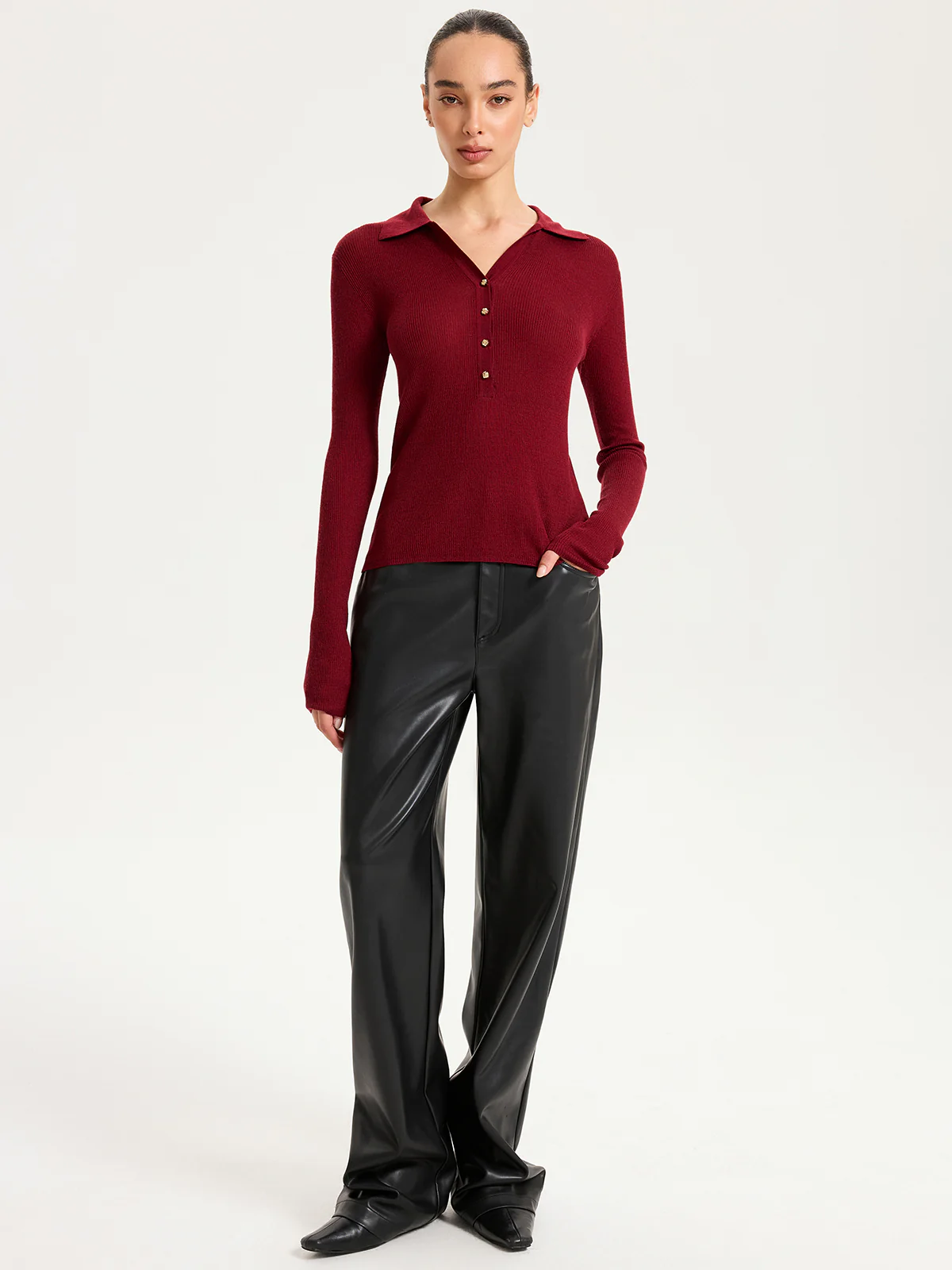 Wool-Blend Buttoned Long Sleeve Polo Knit Top - Image 3