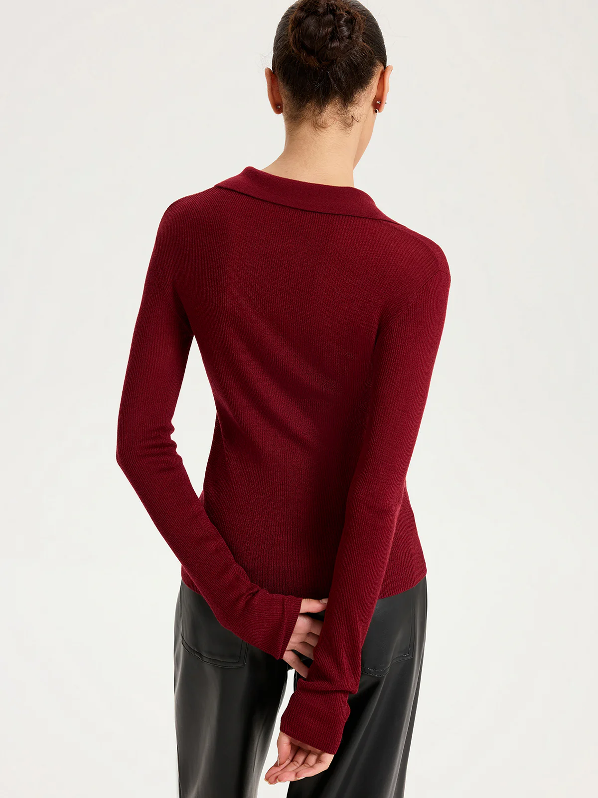 Wool-Blend Buttoned Long Sleeve Polo Knit Top - Image 6