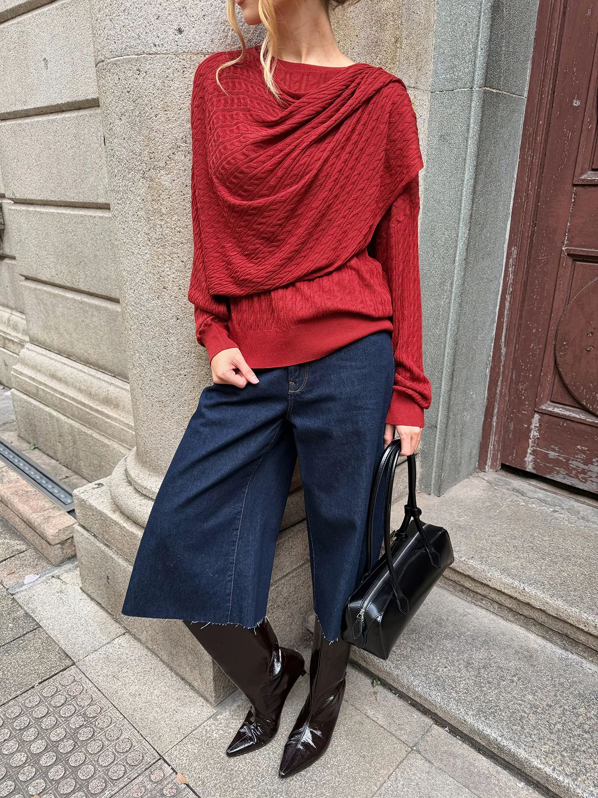 Wool Blend Cable Knit Draped Asymmetric Sweater - Image 2