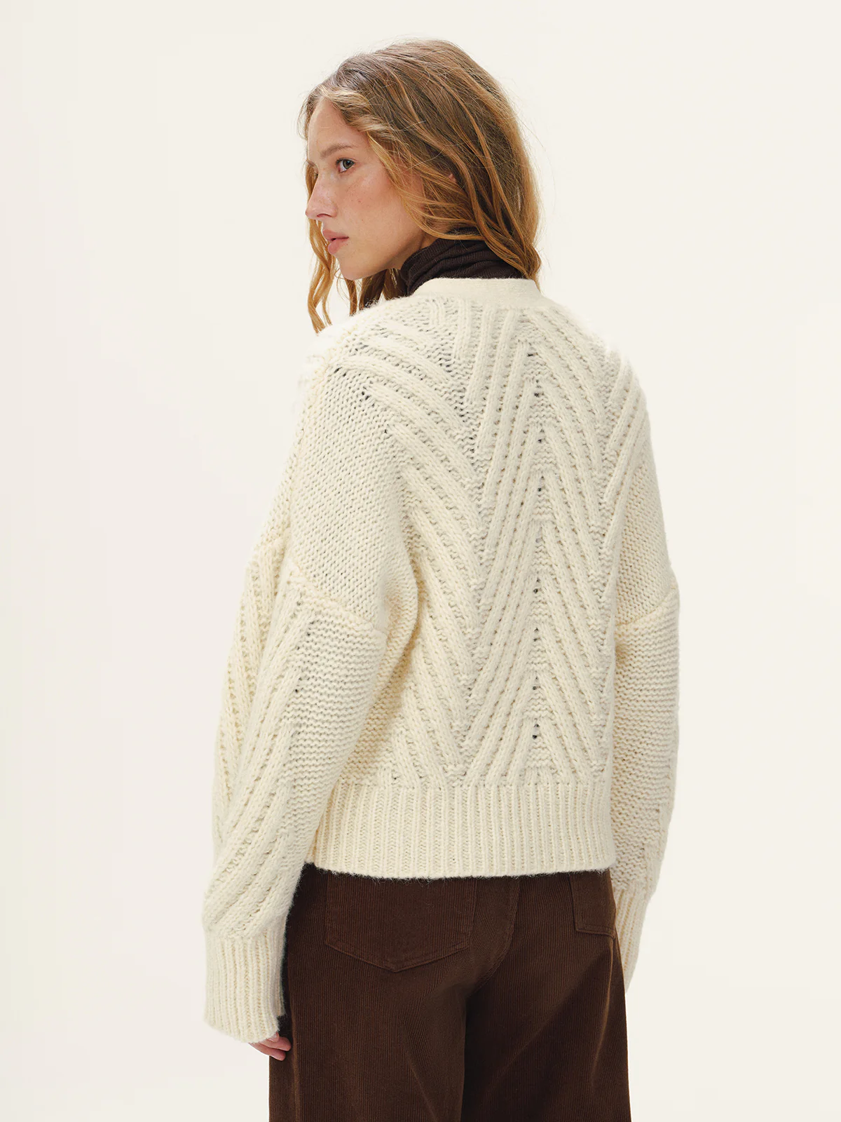 Wool Blend Cable Knit V-Neck Button Cardigan - Image 5