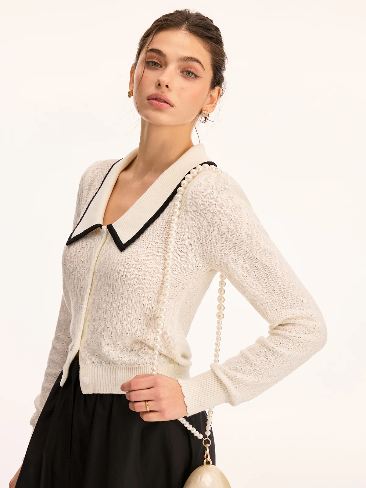 Wool Blend Collared Pointelle Knit Cardigan - Image 2