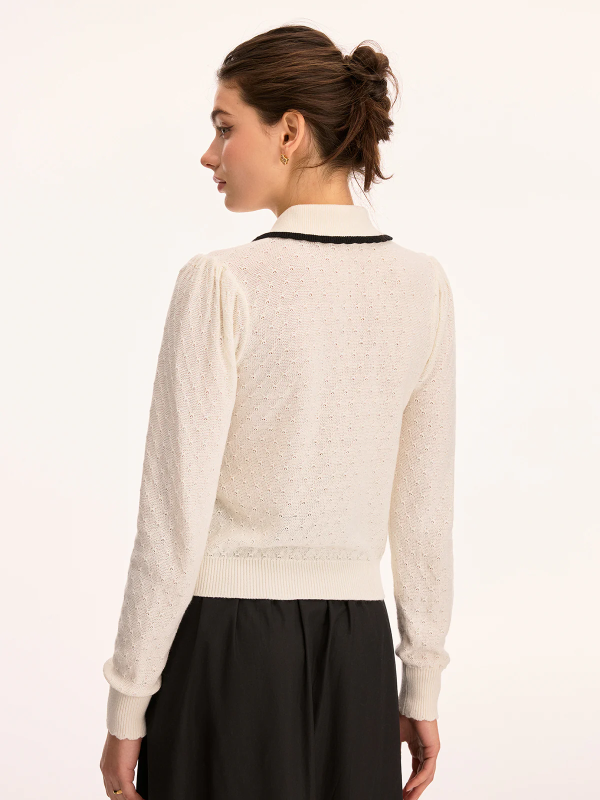 Wool Blend Collared Pointelle Knit Cardigan - Image 6