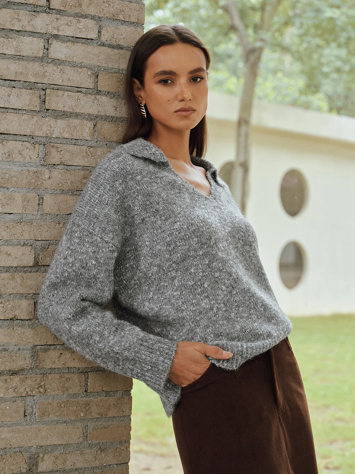 Wool Blend Collared V-Neck Sweater - Image 2