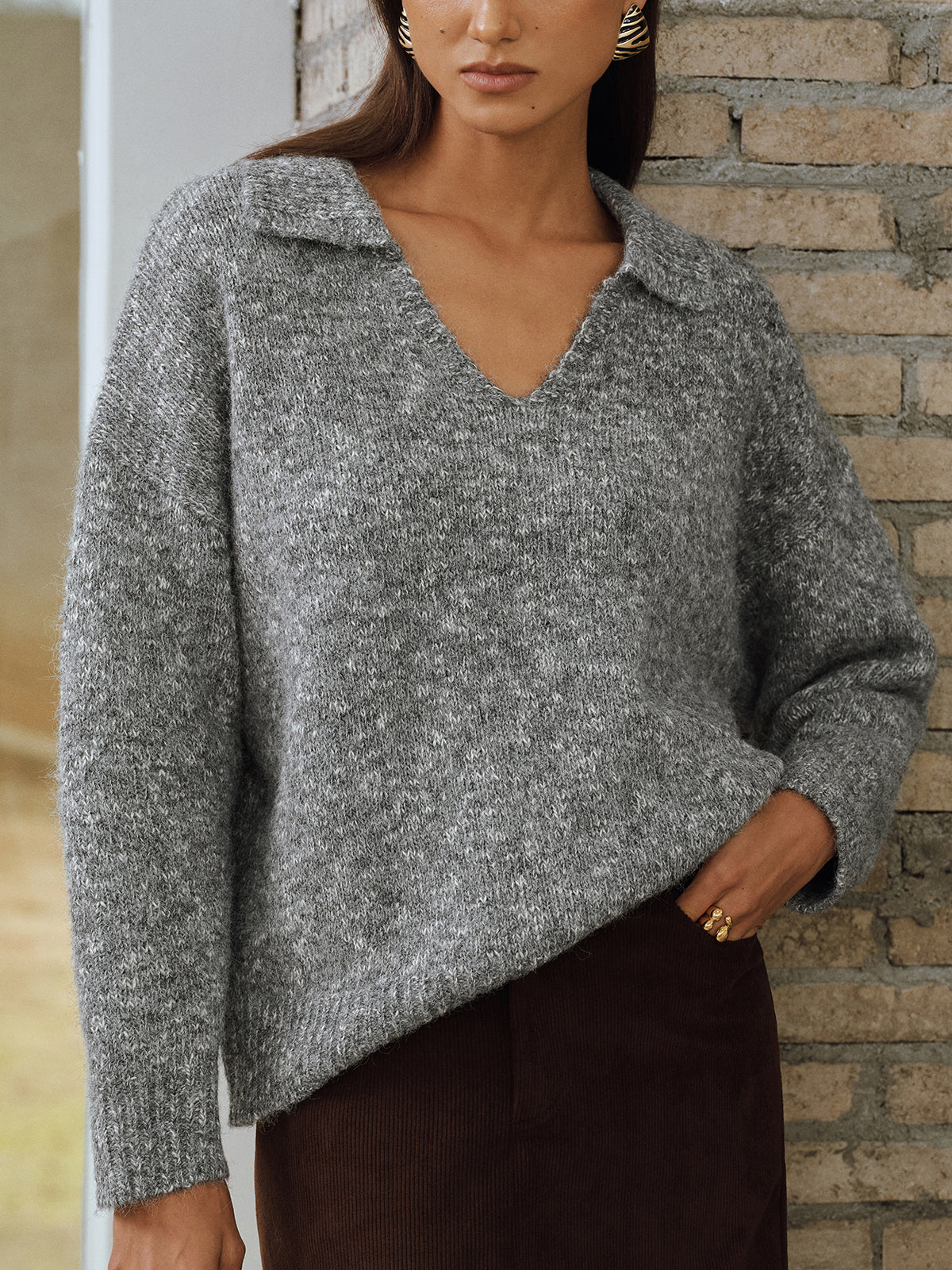 Wool Blend Collared V-Neck Sweater - Image 4