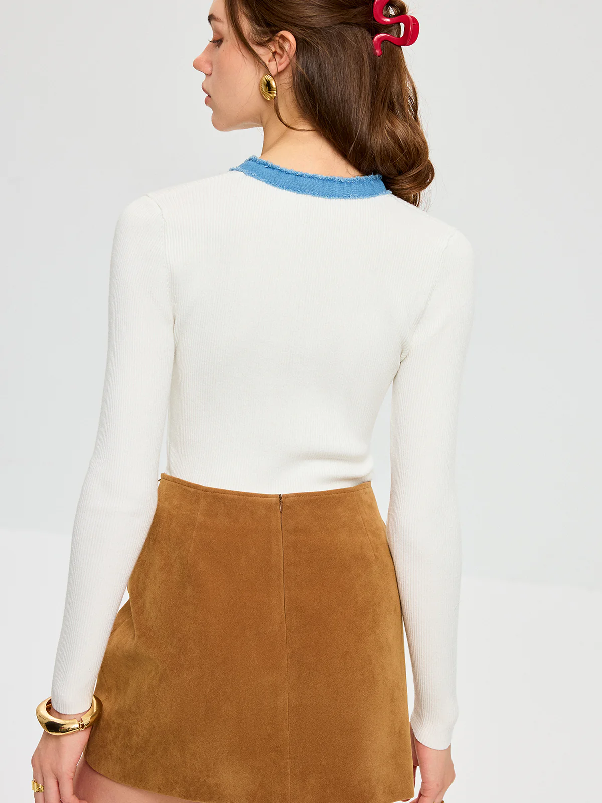 Wool Blend Denim Trim Metal Detail Knit Top - Image 6