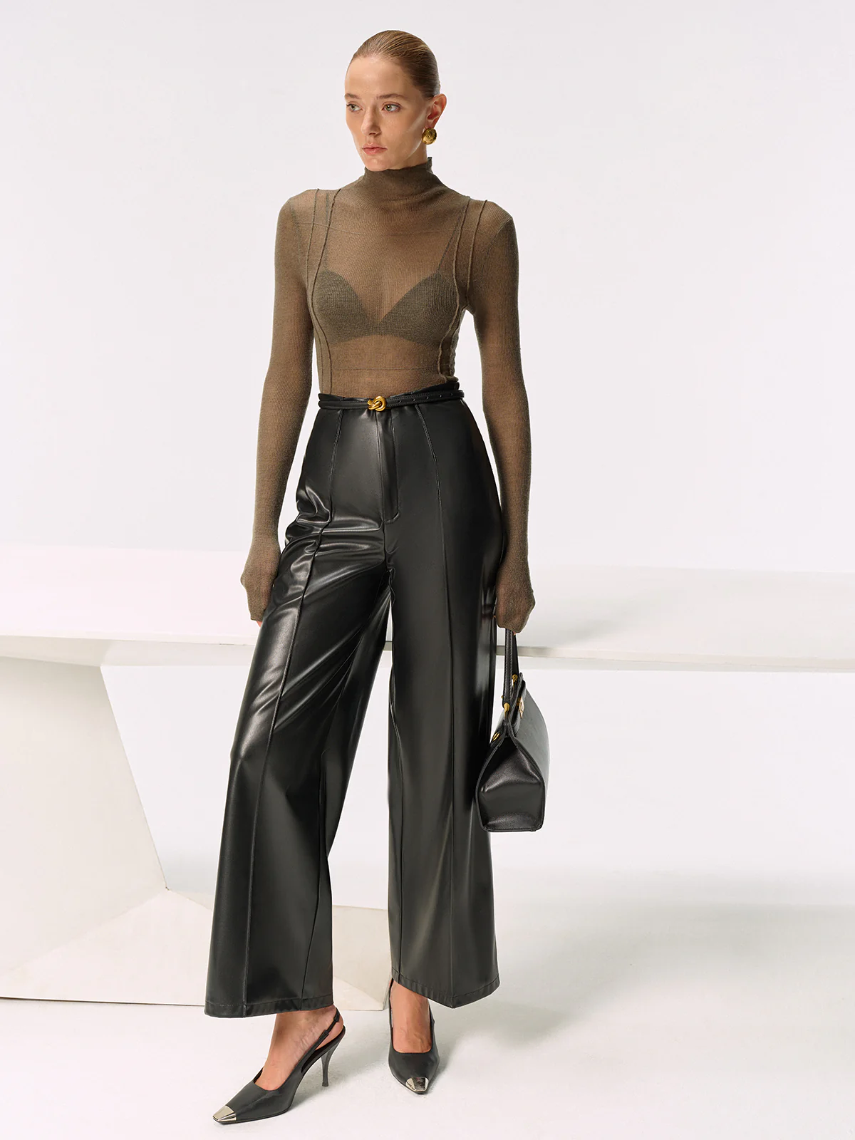 Wool Blend Fitted Sheer Turtleneck Knit Top - Image 4