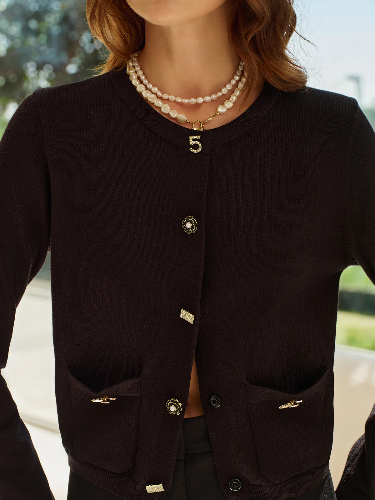 Wool-Blend Geometric-Button Cardigan - Image 3
