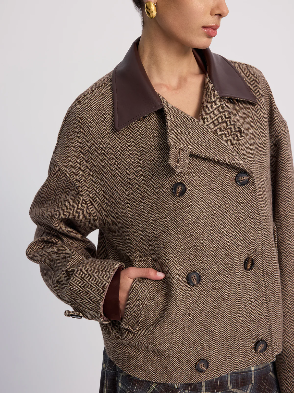 Wool-Blend Herringbone Jacket with Leather Collar