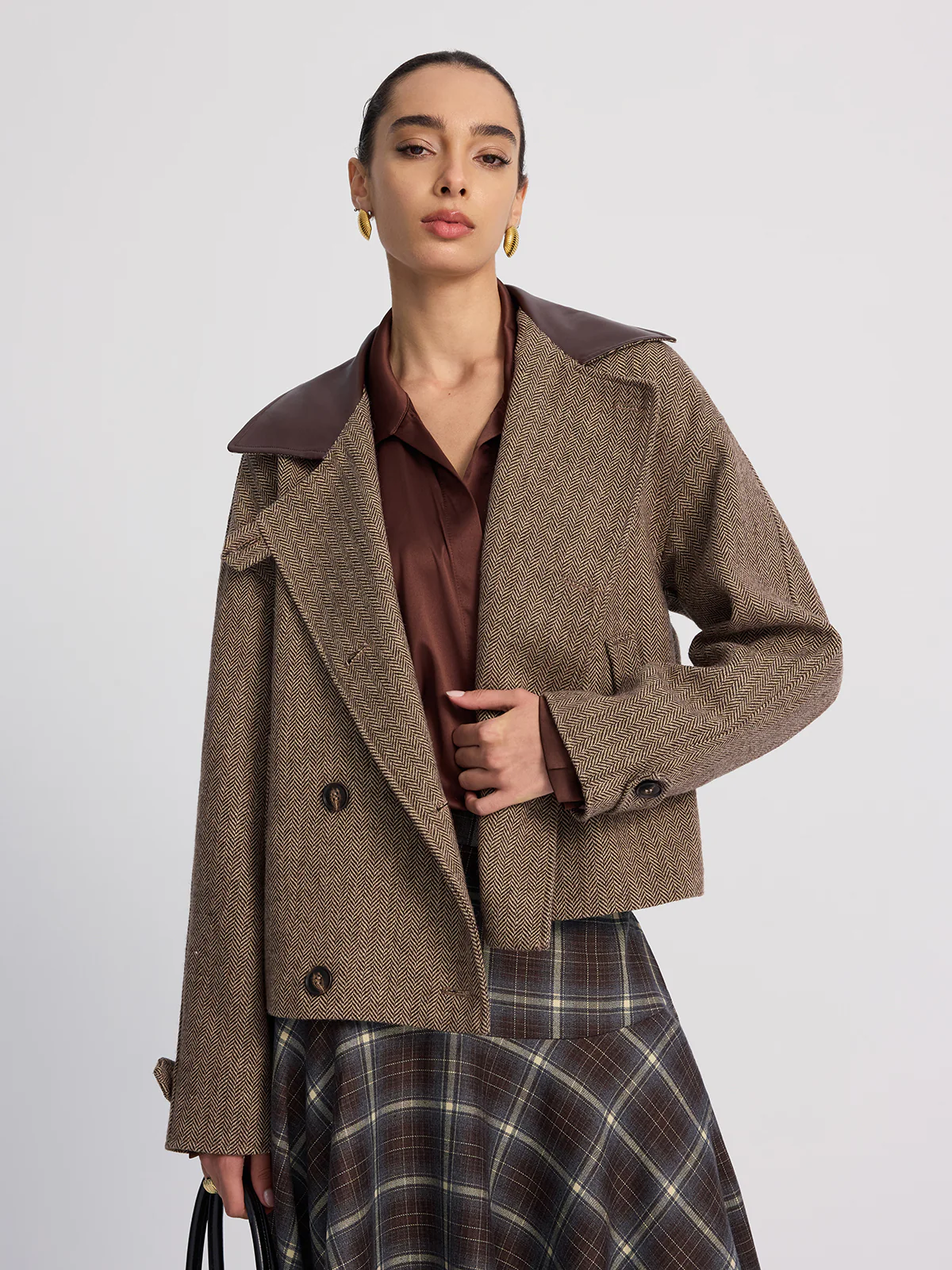 Wool-Blend Herringbone Jacket with Leather Collar - Image 2