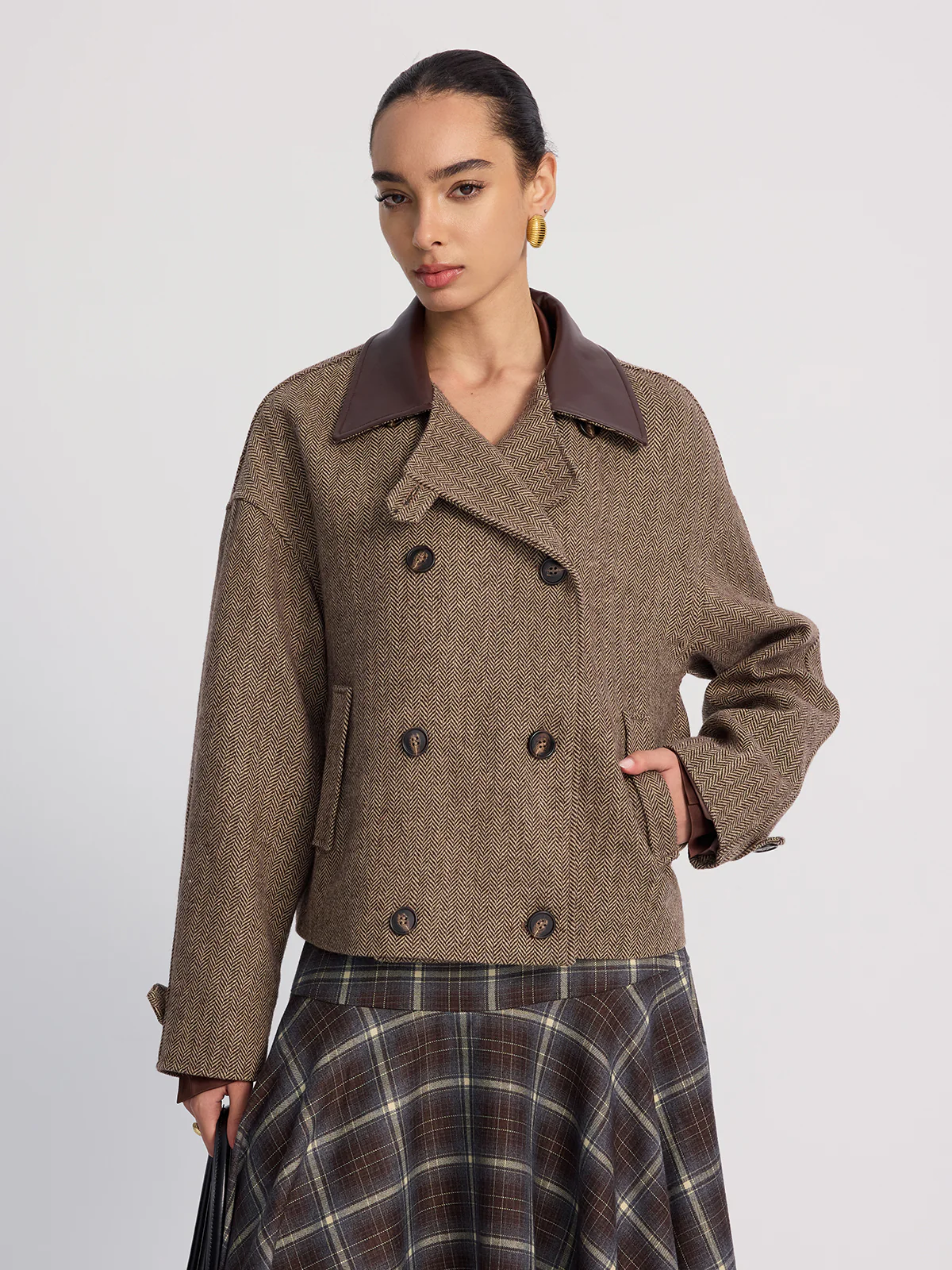 Wool-Blend Herringbone Jacket with Leather Collar - Image 3