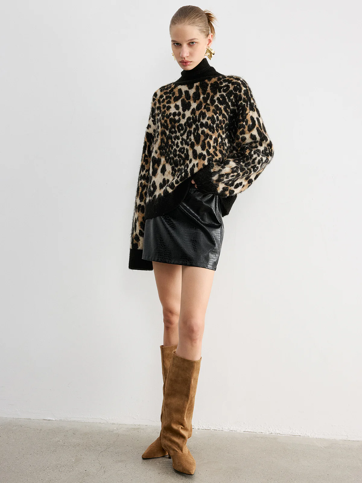 Wool Blend Leopard Turtleneck Knit Top - Image 6
