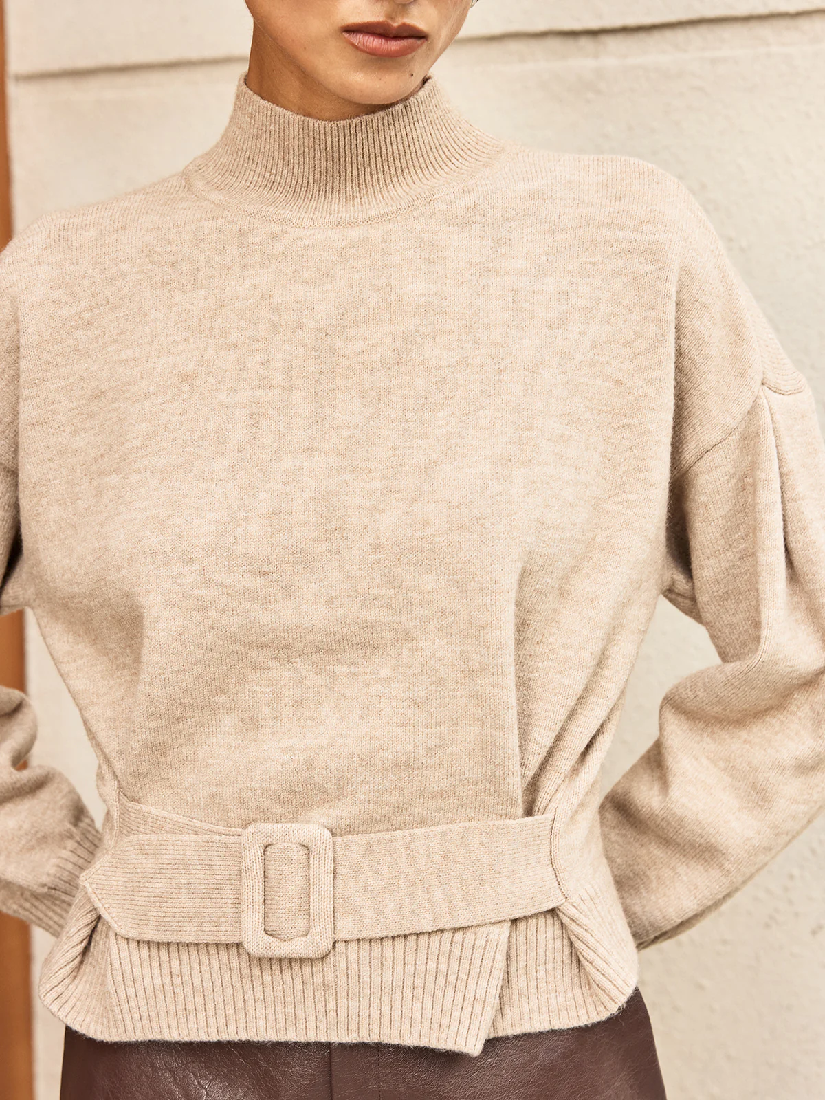 Wool Blend Mock Neck Belted Sweater - Image 5