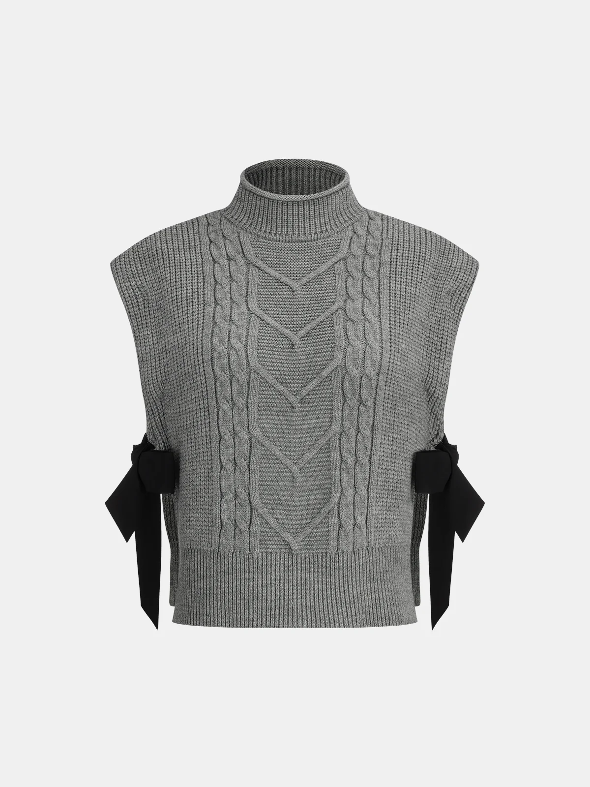 Wool Blend Mock Neck Bow Detail Cable Knit Vest - Image 2