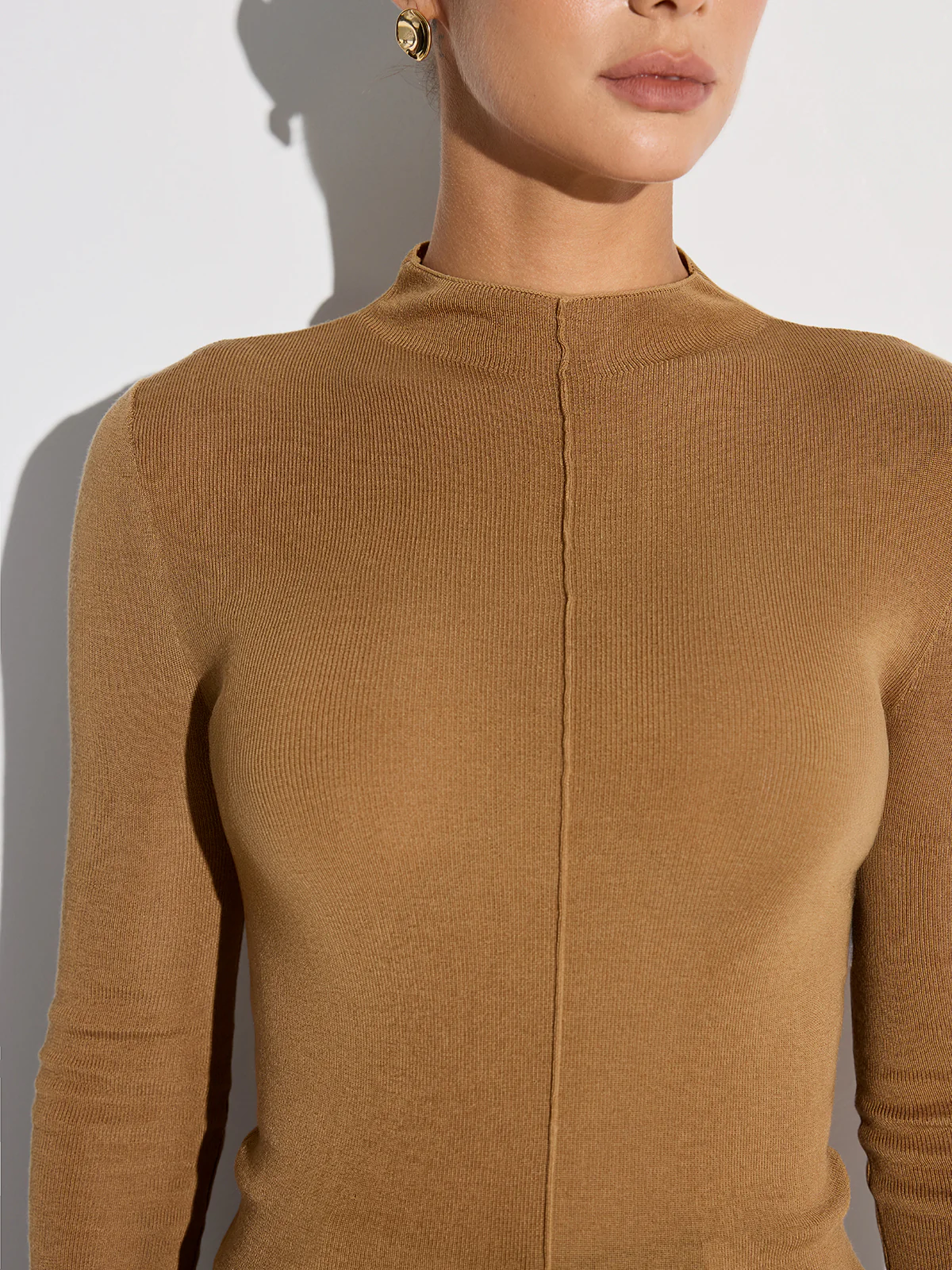 Wool Blend Mock Neck Fitted Long Sleeve Knit Top - Image 5