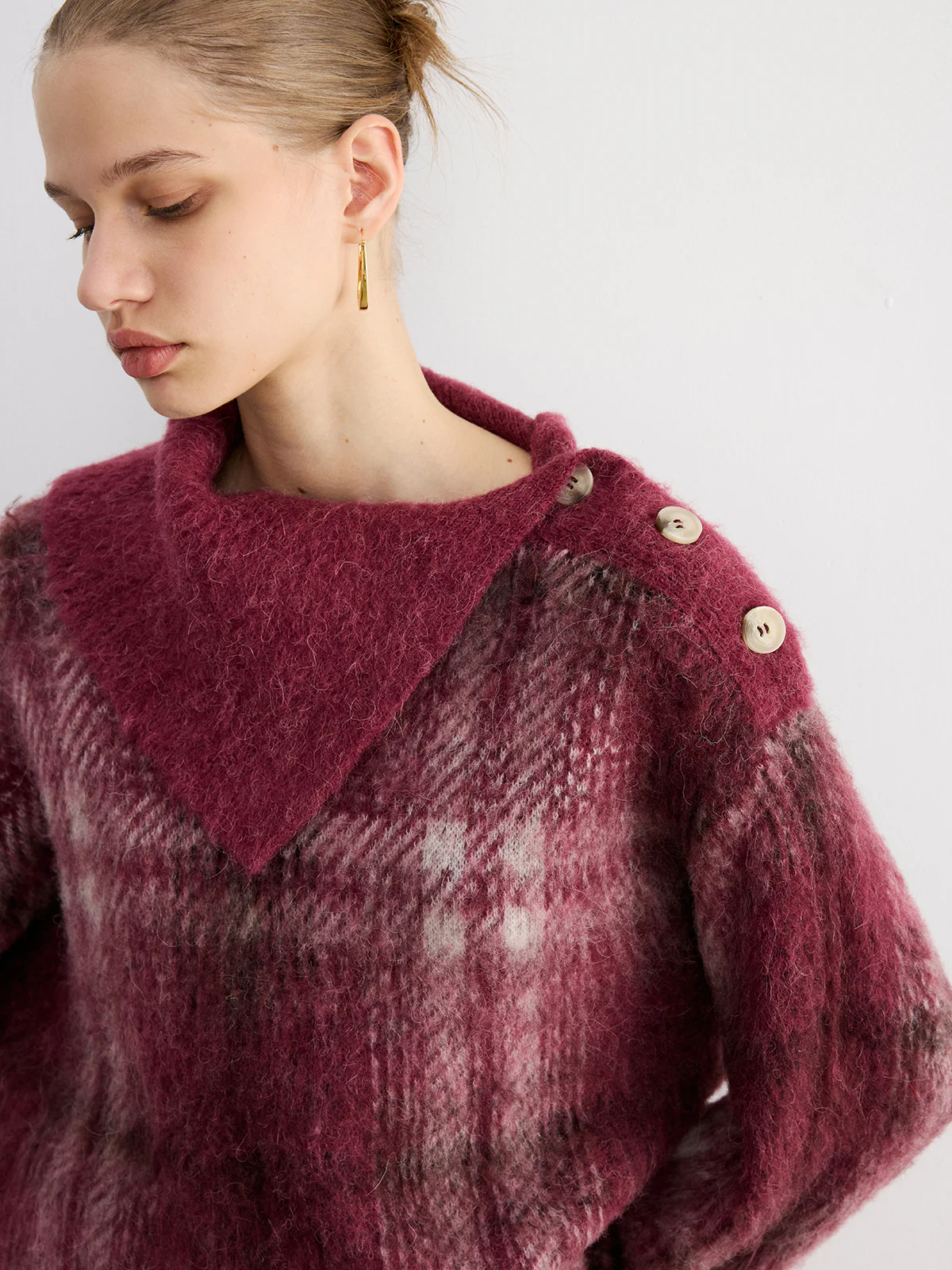 Wool Blend Plaid Asymmetric Collar Buttoned Sweater - Image 2