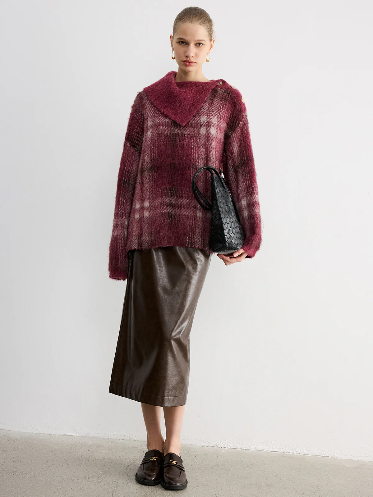 Wool Blend Plaid Asymmetric Collar Buttoned Sweater - Image 3