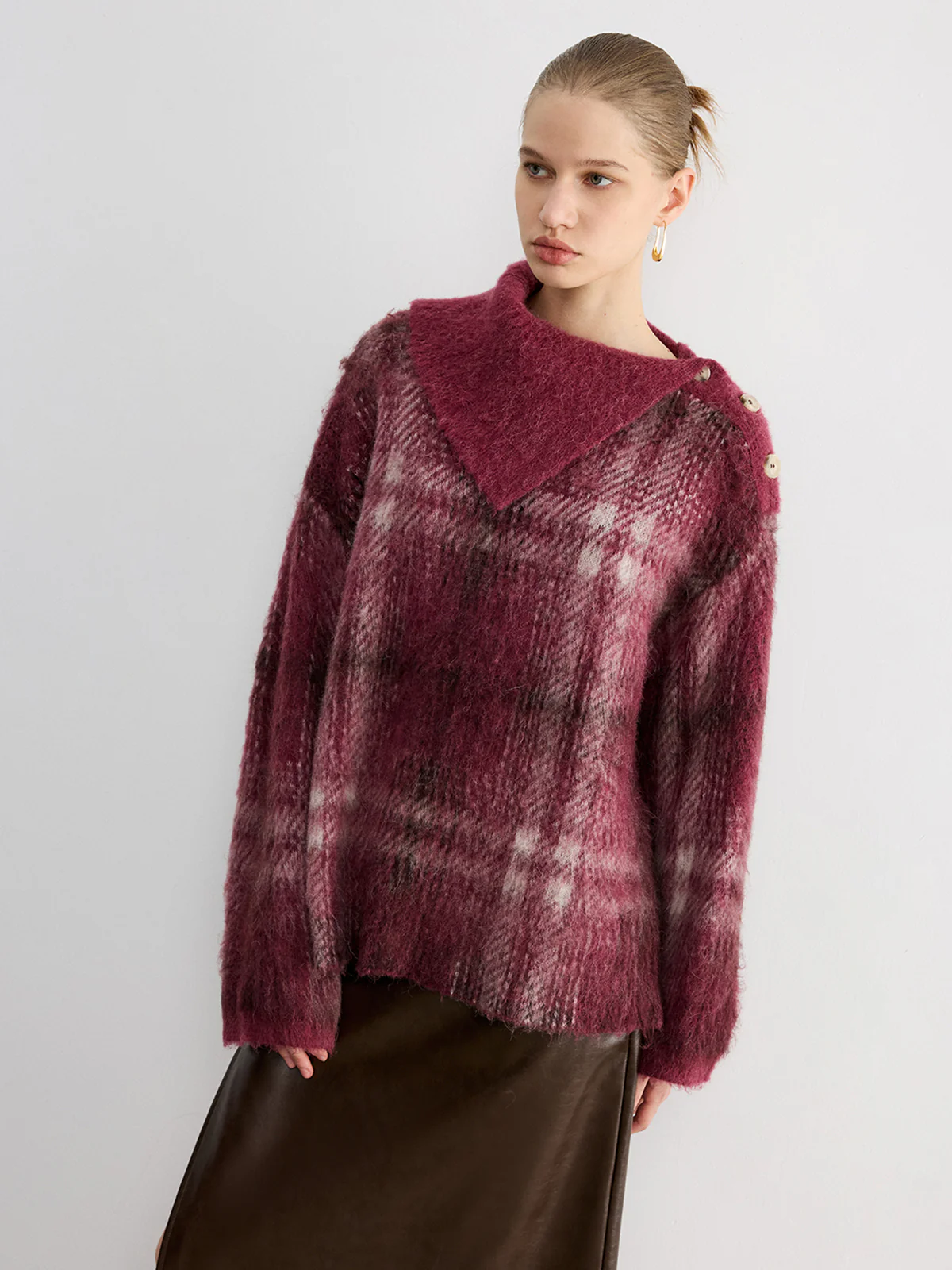 Wool Blend Plaid Asymmetric Collar Buttoned Sweater - Image 4