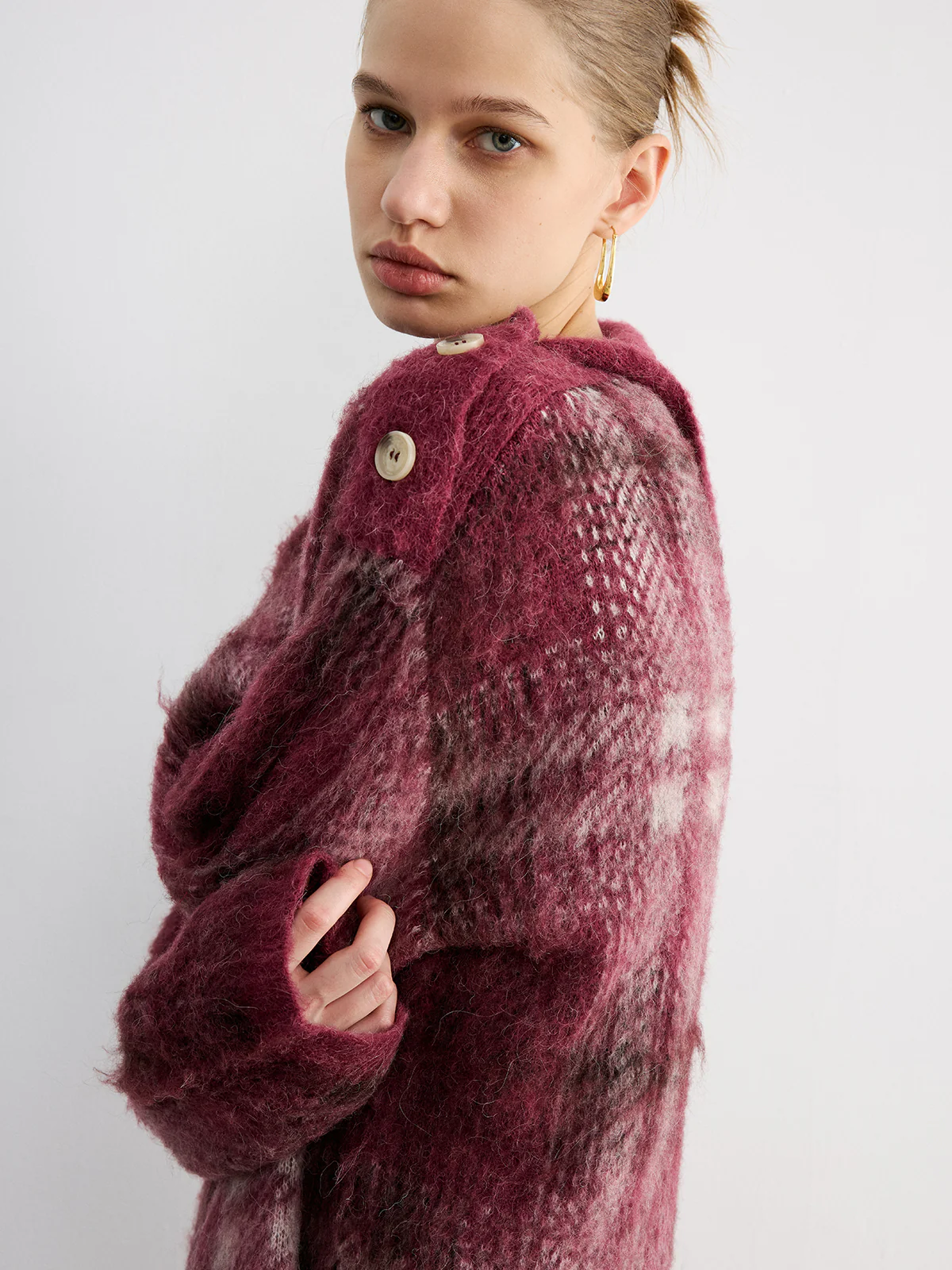 Wool Blend Plaid Asymmetric Collar Buttoned Sweater - Image 5