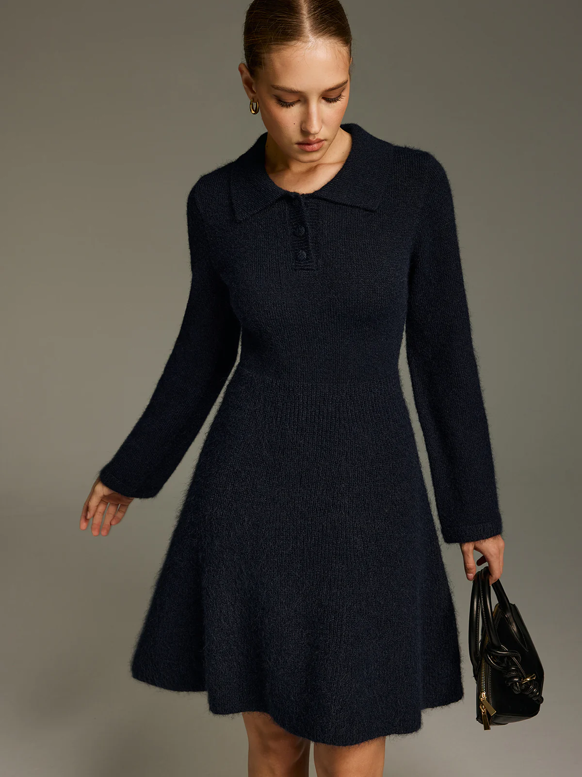 Wool-Blend Polo-Collar Knit Mini Dress
