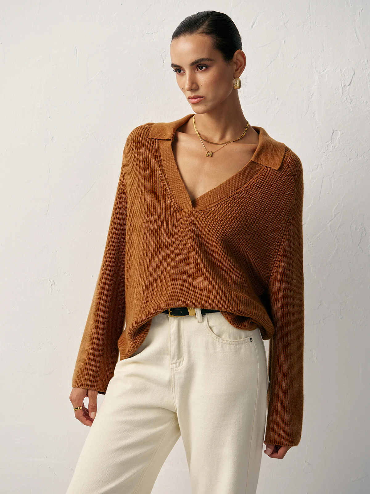 Wool Blend Polo Collar V-Neck Sweater - Image 3