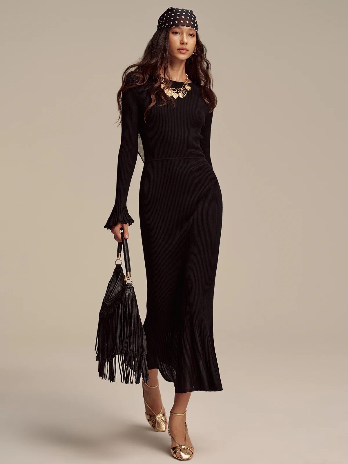 Wool Blend Ribbed Knit Maxi Dress with Mesh Hem