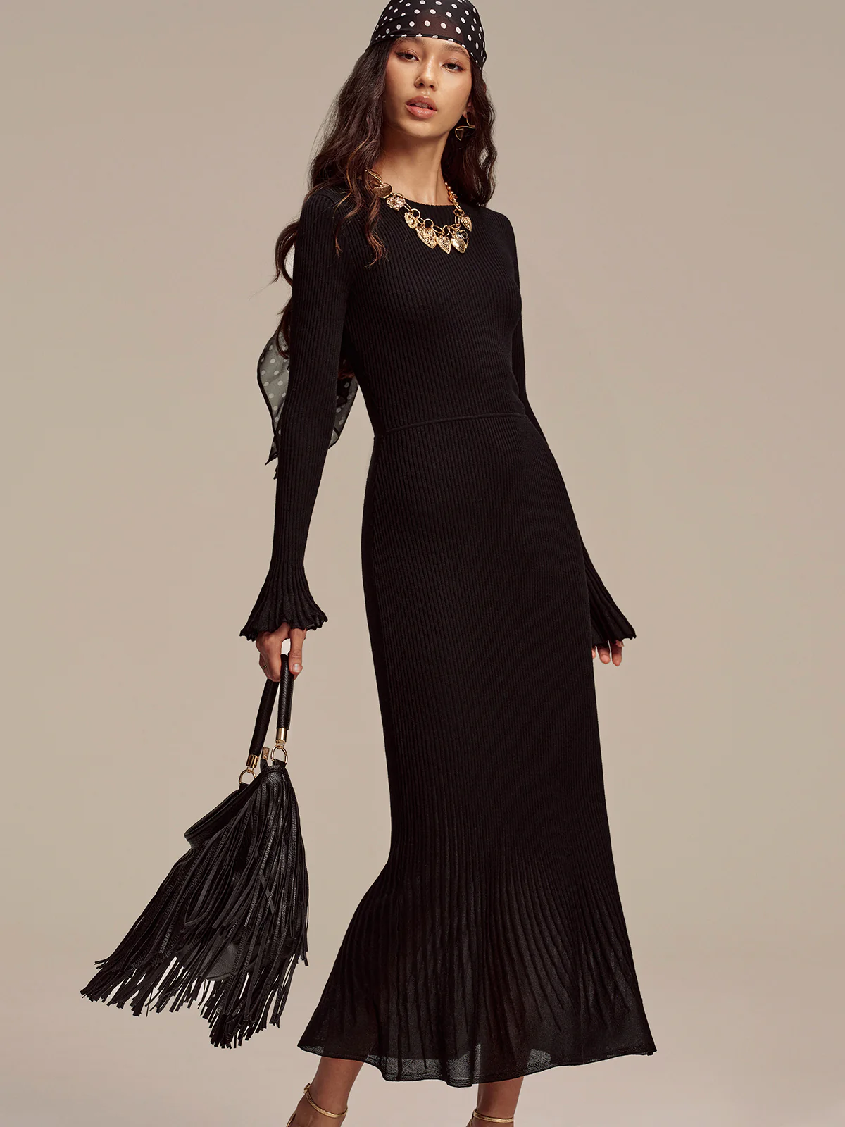 Wool Blend Ribbed Knit Maxi Dress with Mesh Hem - Image 2