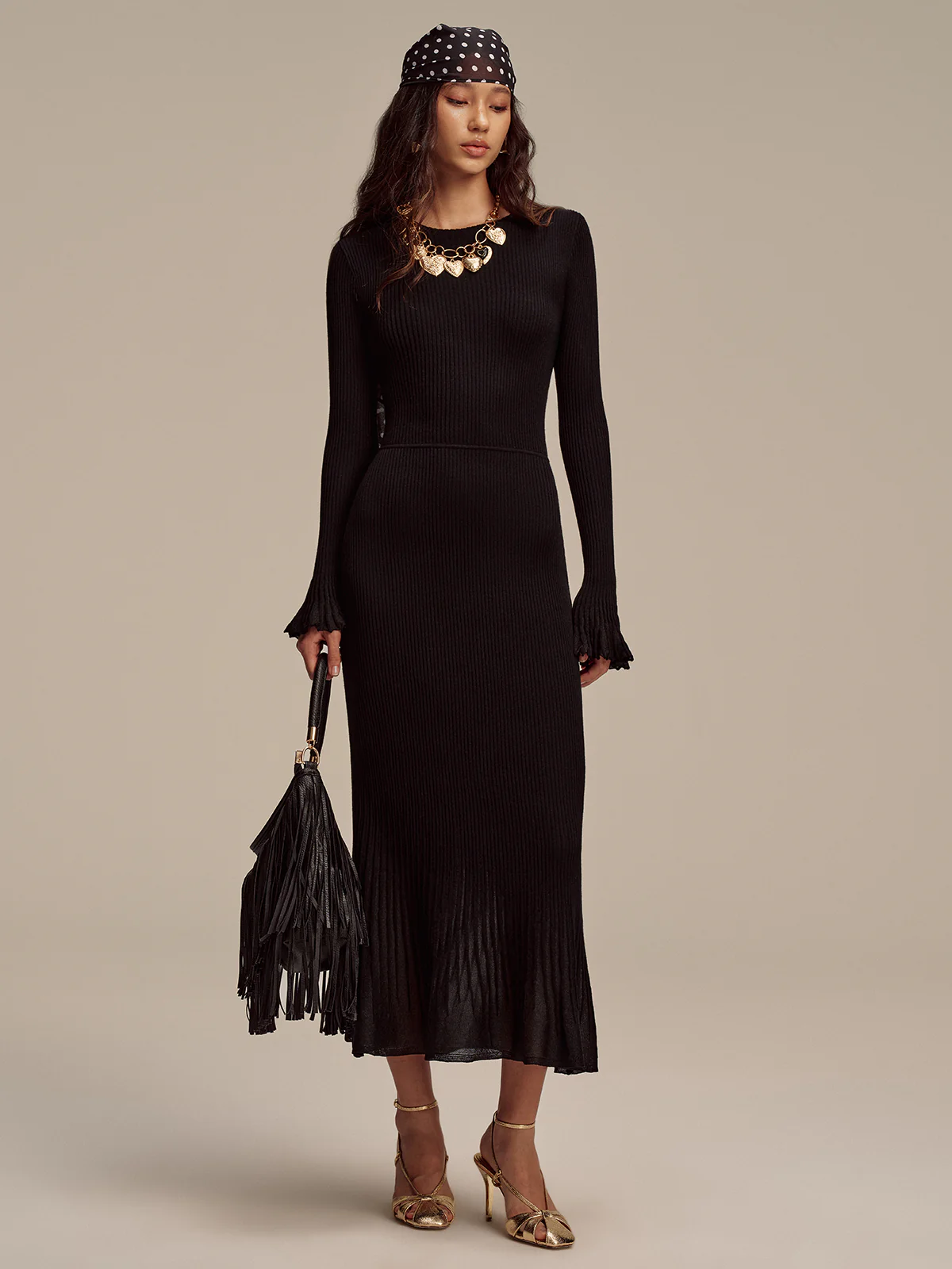 Wool Blend Ribbed Knit Maxi Dress with Mesh Hem - Image 3