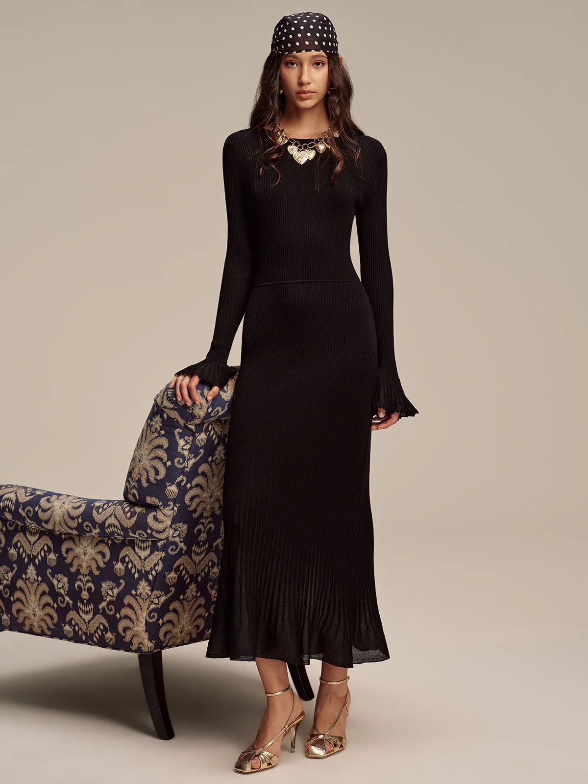 Wool Blend Ribbed Knit Maxi Dress with Mesh Hem - Image 4