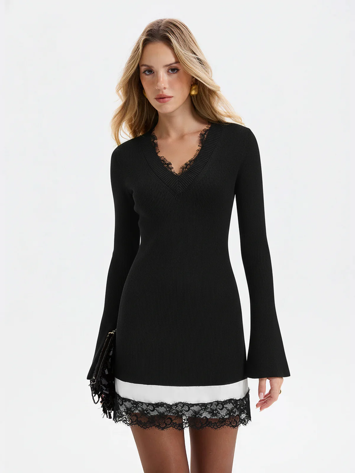 Wool Blend Ribbed Lace Trim Bell-Sleeve Mini Dress