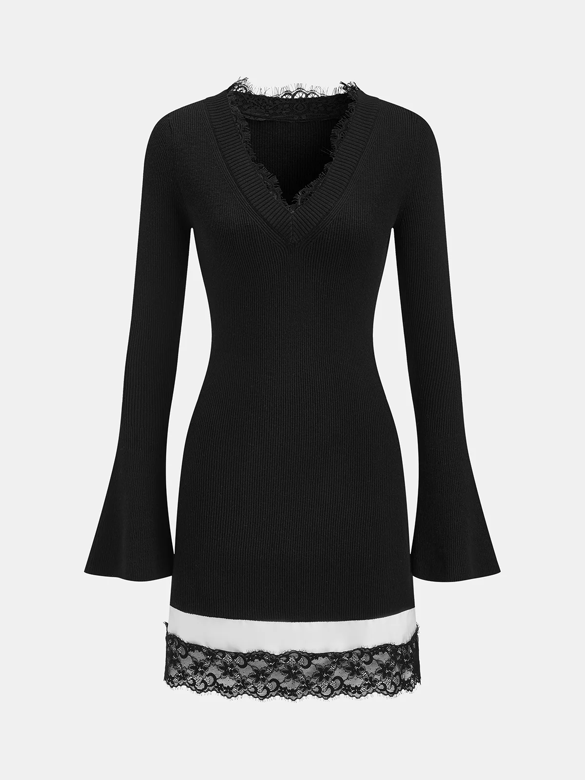 Wool Blend Ribbed Lace Trim Bell-Sleeve Mini Dress - Image 2