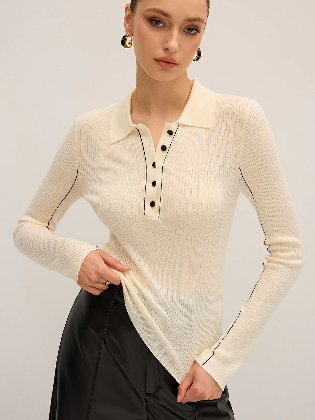 Wool Blend Ribbed Polo Knit Top - Image 2