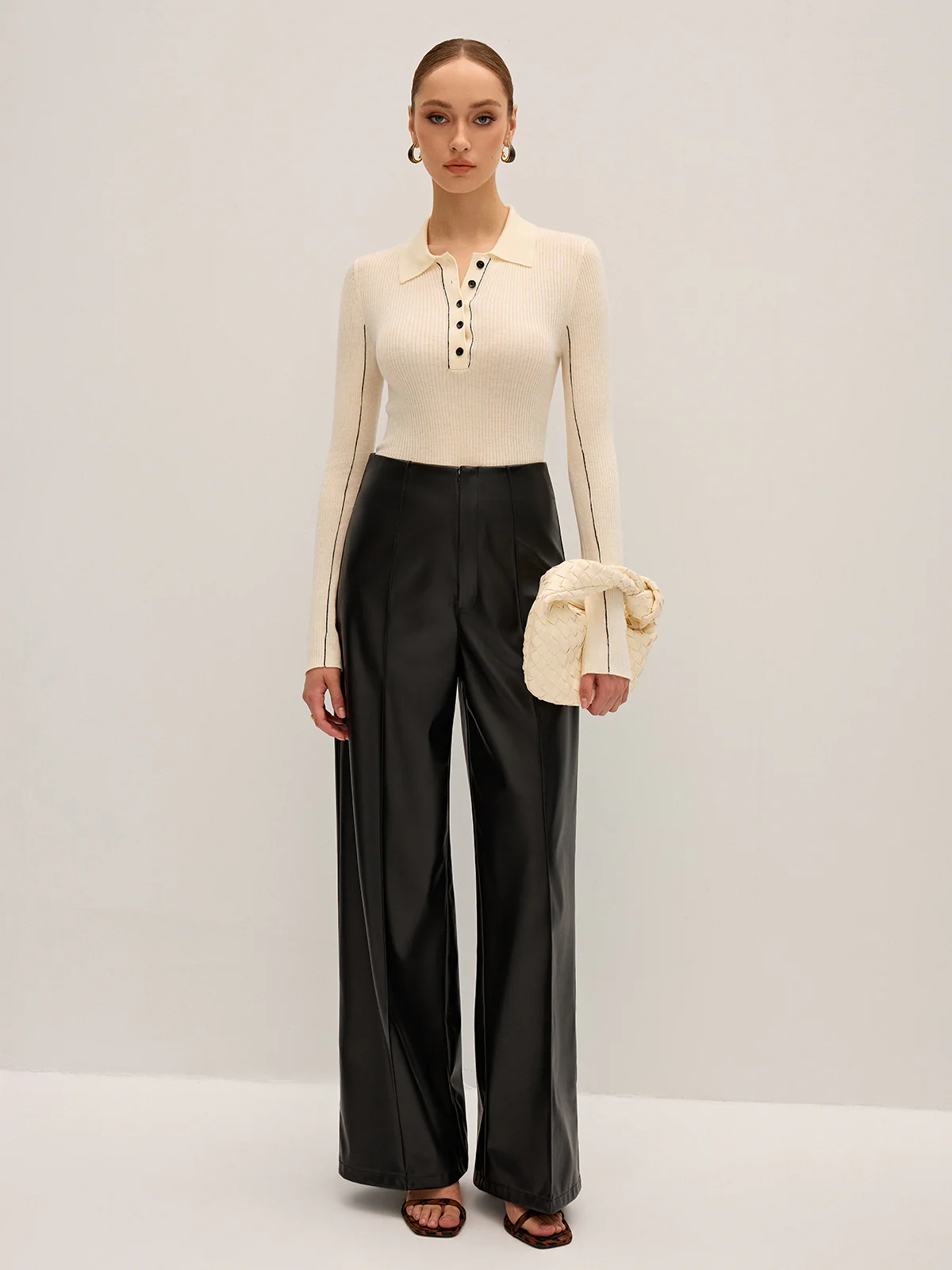 Wool Blend Ribbed Polo Knit Top - Image 5