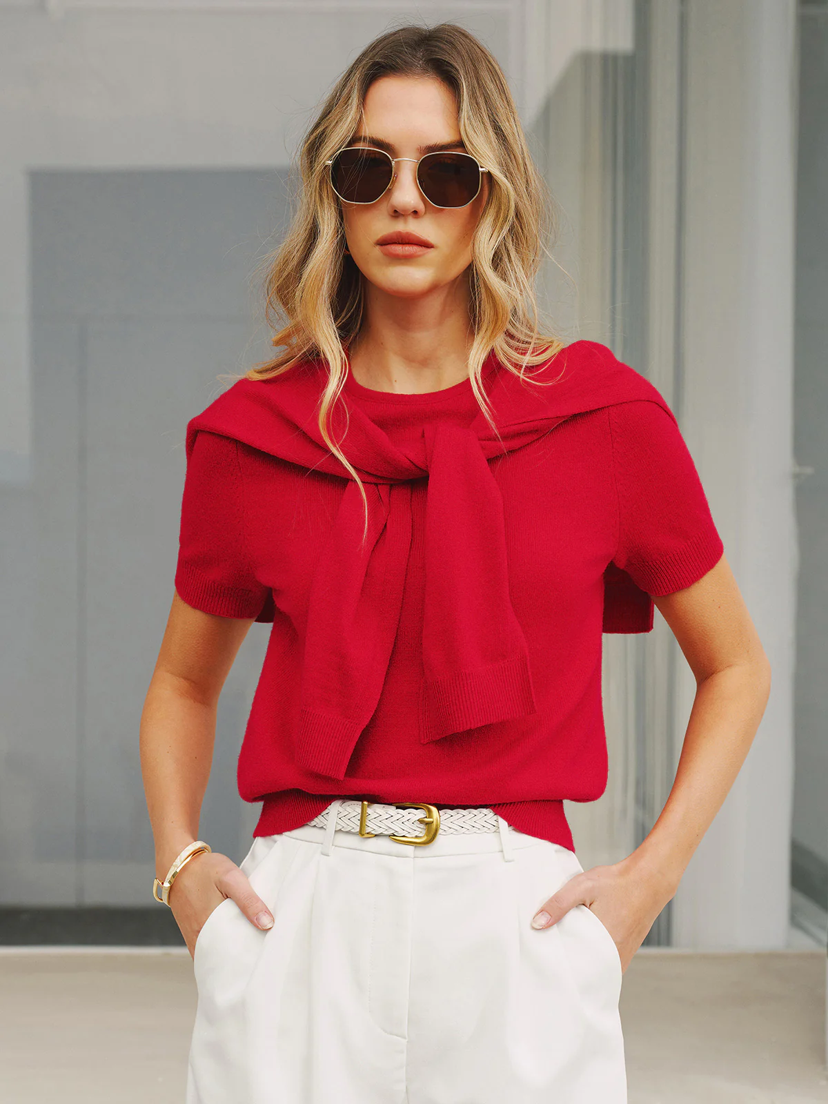 Wool Blend Scarf Detail Knit Short Sleeve Top - Image 4
