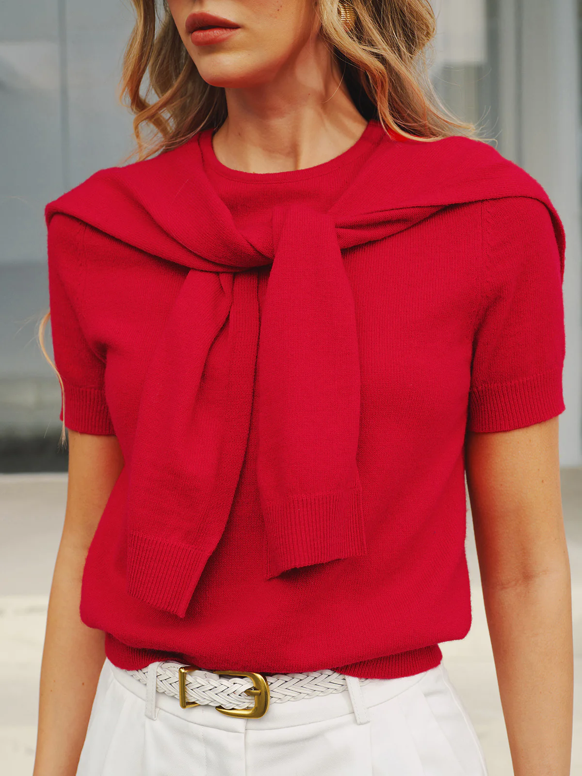 Wool Blend Scarf Detail Knit Short Sleeve Top - Image 5