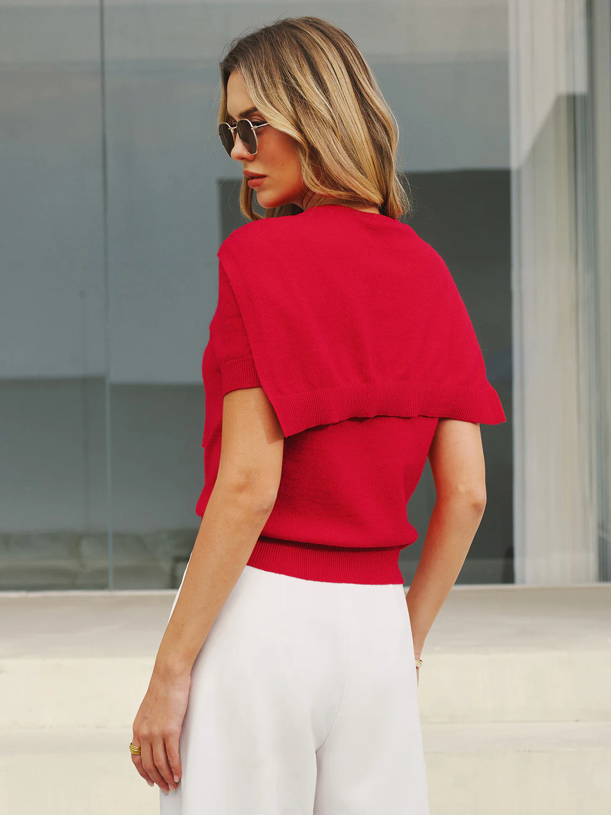 Wool Blend Scarf Detail Knit Short Sleeve Top - Image 6