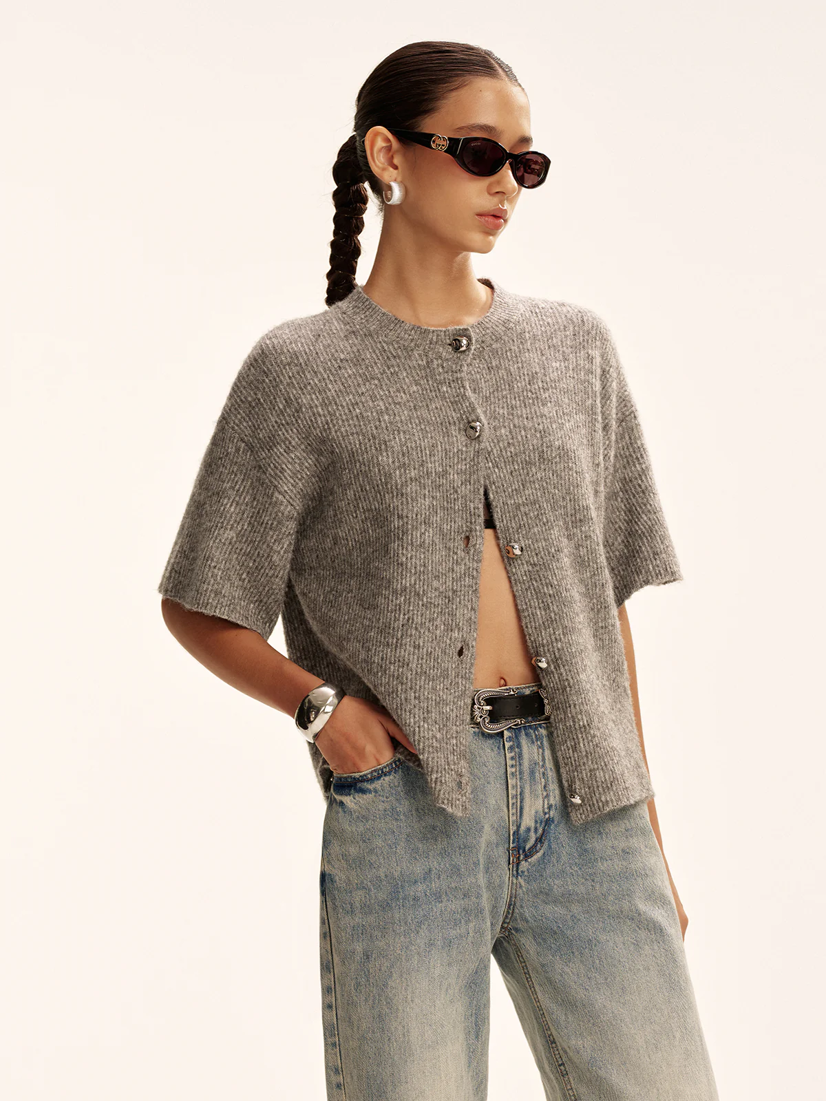 Wool-Blend Short-Sleeved Cardigan - Image 2