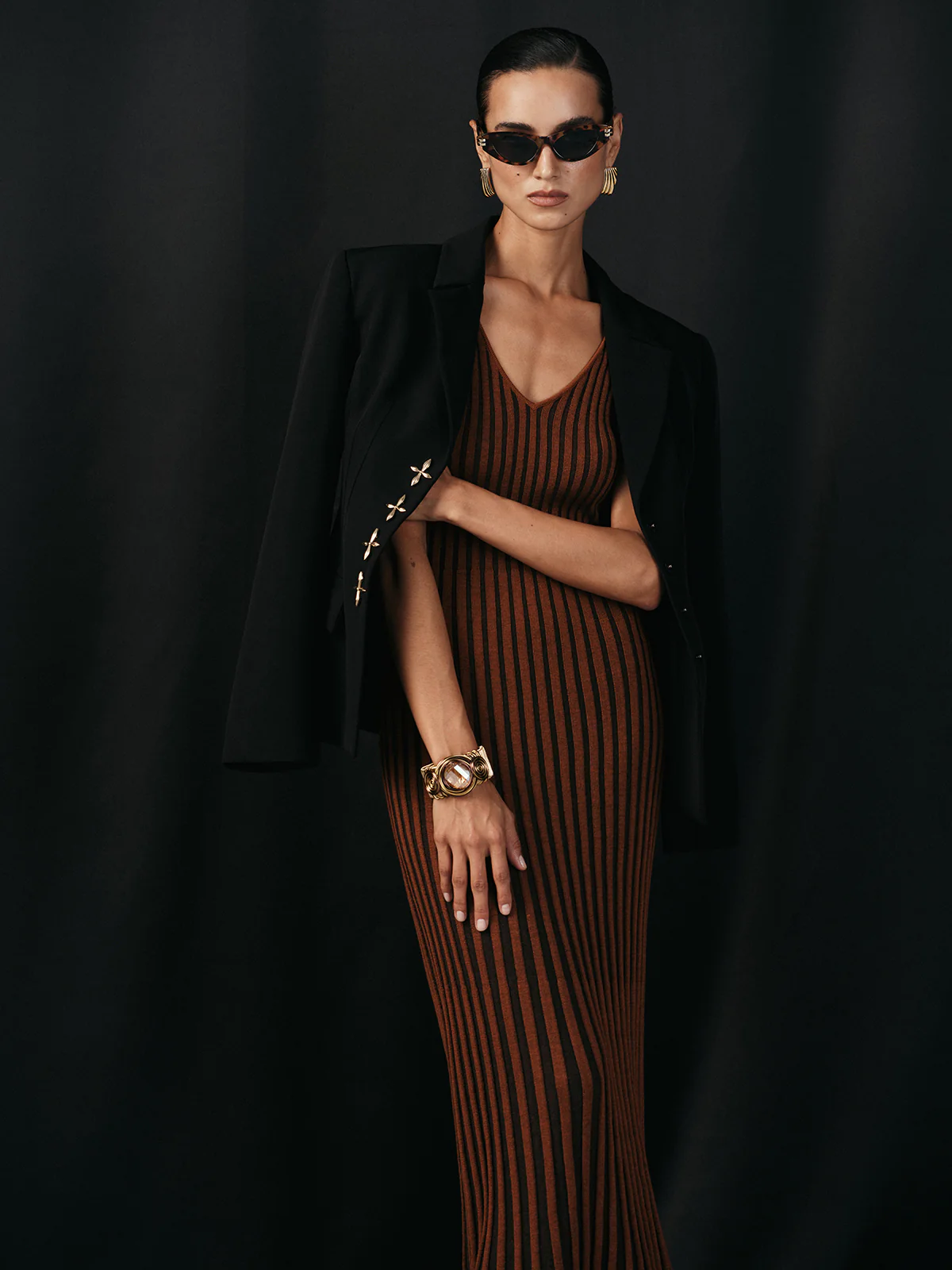Wool Blend Striped Knit V-Neck Midi Dress - Image 3
