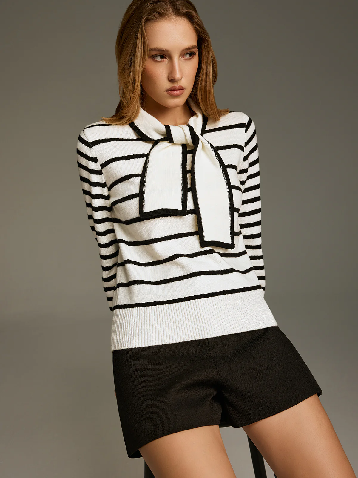 Wool-Blend Striped Knot-Collar Knit Top - Image 6