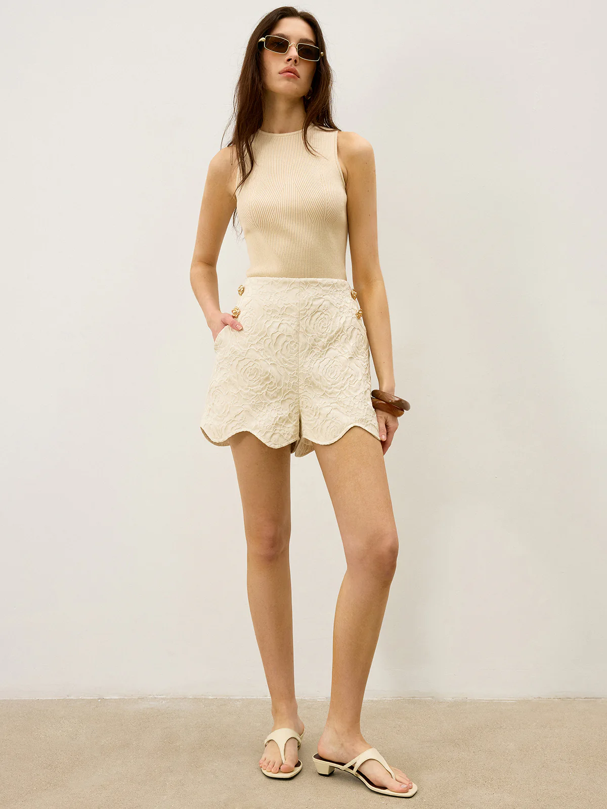 Wool-Blend Textured Jacquard Shorts with Metal Decor - Image 3