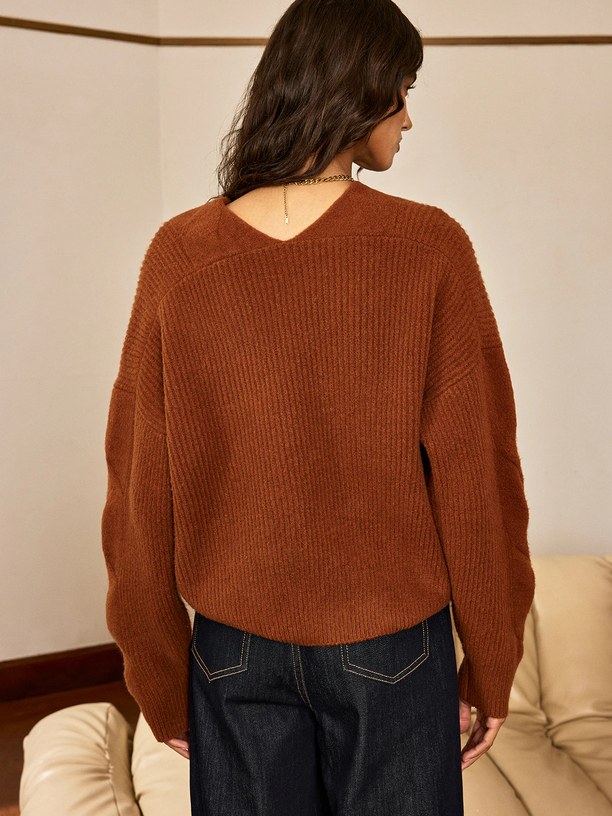 Wool Blend Textured Knit V-Neck Sweater - Image 3
