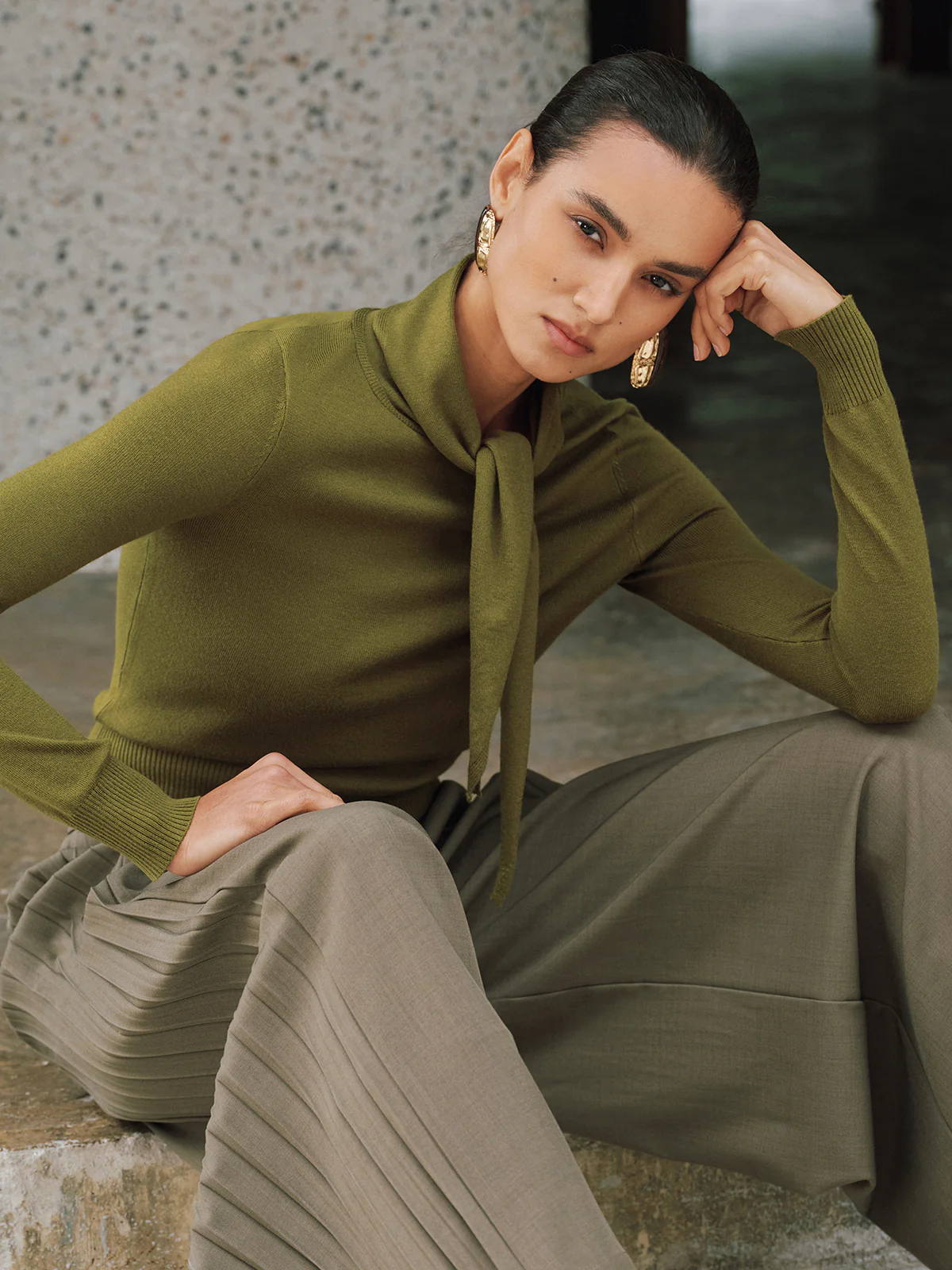 Wool-Blend Tie-Neck Fitted Knit Top - Image 2