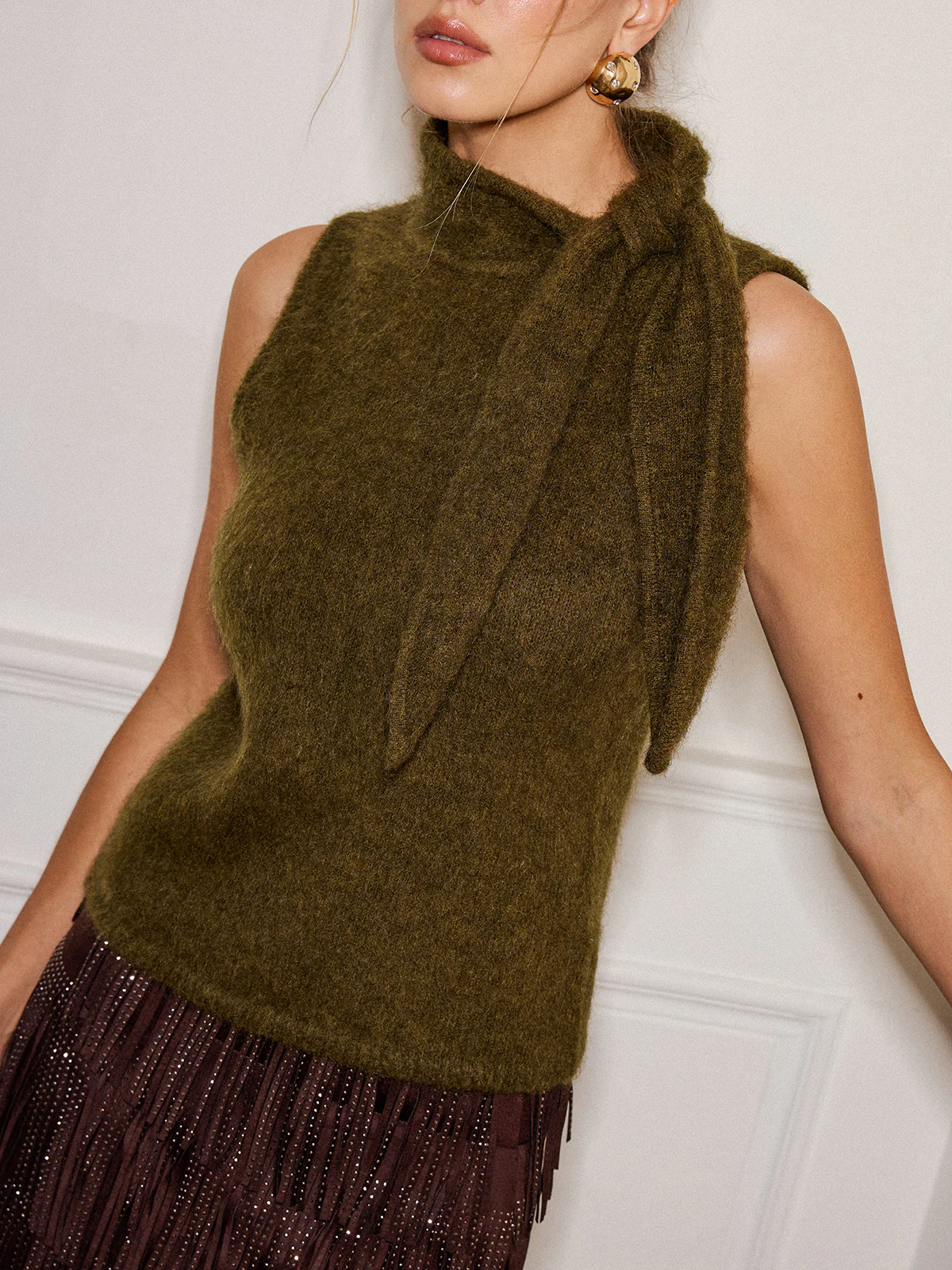 Wool Blend Tie Neck Sleeveless Sweater Vest - Image 5