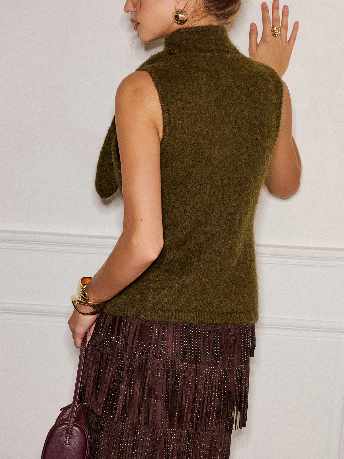 Wool Blend Tie Neck Sleeveless Sweater Vest - Image 6