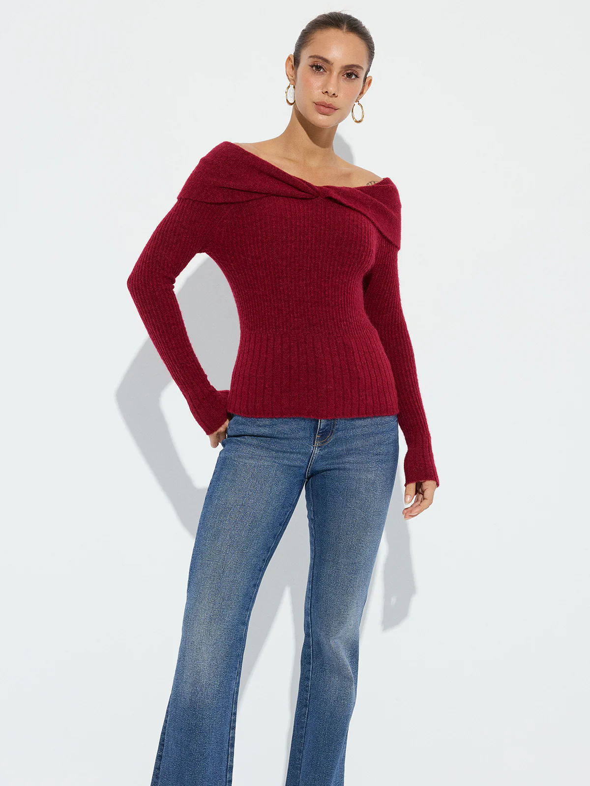 Wool Blend Twisted Off-Shoulder Knit Sweater - Image 6