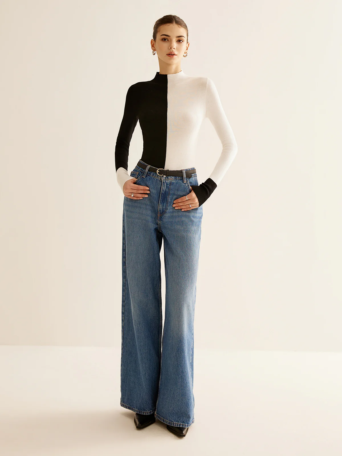 Wool-Blend Two Tone Skinny Knit Top - Image 3
