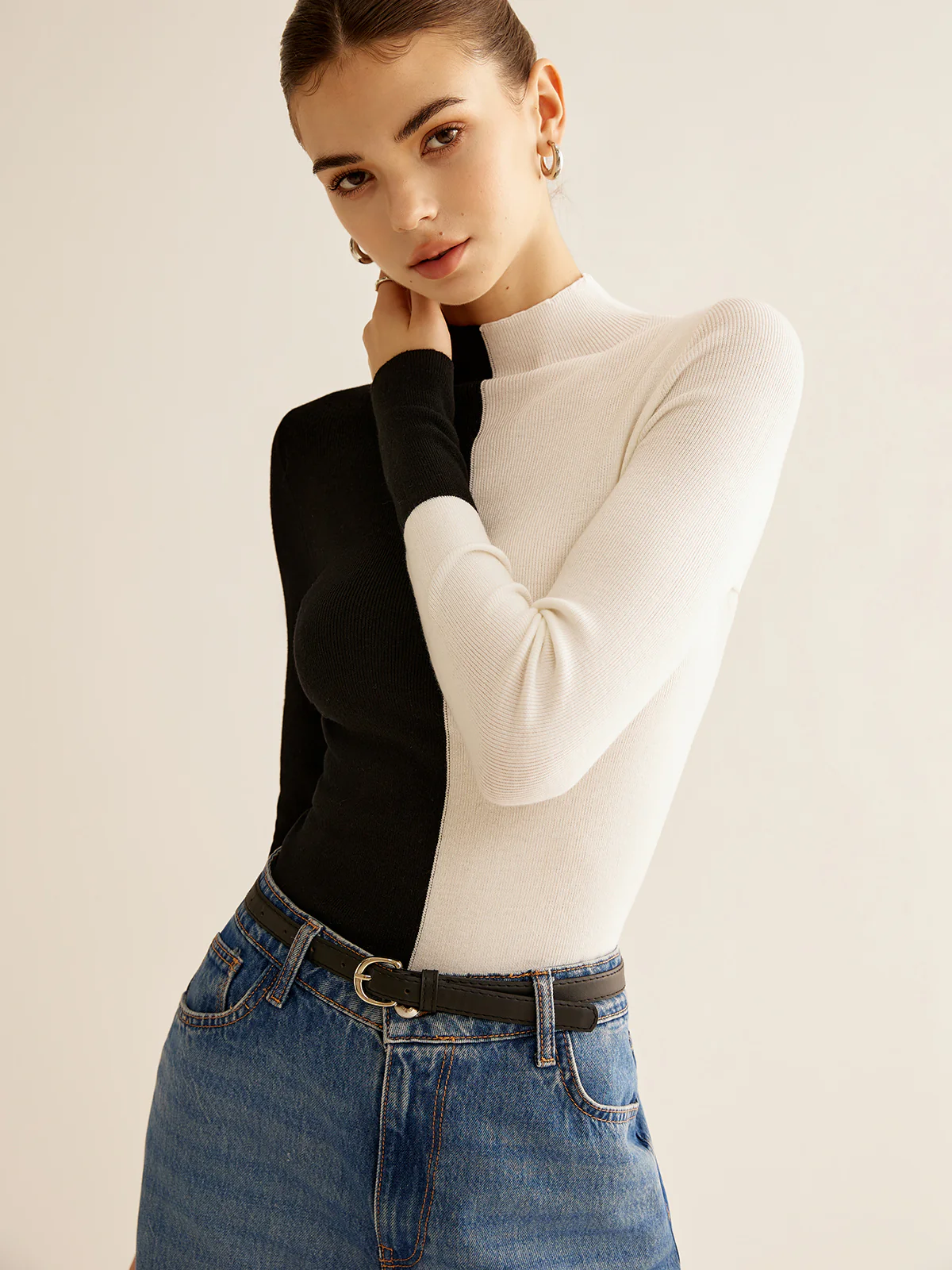 Wool-Blend Two Tone Skinny Knit Top - Image 4