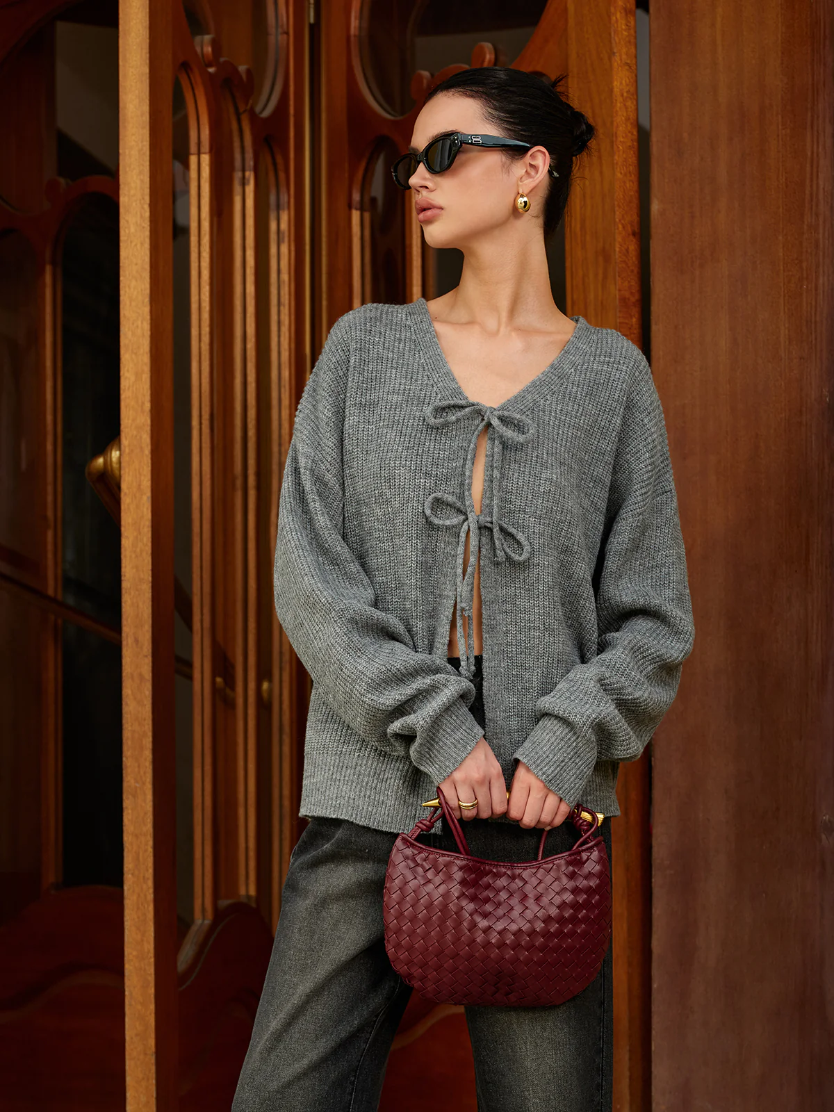 Wool-Blend V-Neck Tie Front Cardigan - Image 3