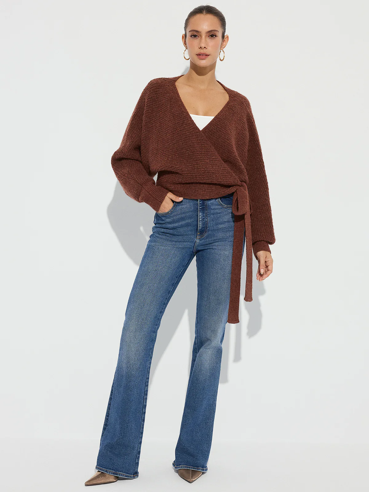 Wool Blend V-Neck Wrap Knit Top - Image 2