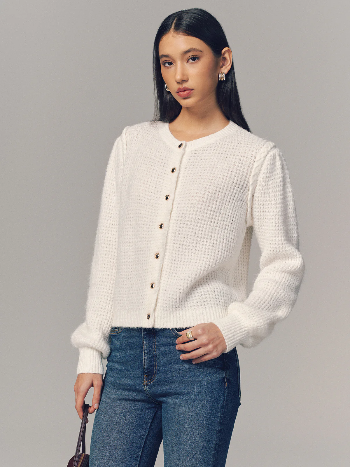 Wool Blend Waffle Knit Buttoned Cardigan - Image 5